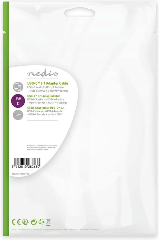 Nedis USB Multi-Port Adapter - USB 3.2 Gen 1 - USB-C Male - HDMI Output / USB-A Female / USB-C Female - 5 Gbps - 0.20 m - Rond - Vernikkeld - PVC - Wit - Polybag - afbeelding 2