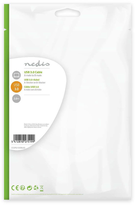 Nedis USB-Kabel - USB 3.2 Gen 1 - USB-A Male - USB-B Male - 5 Gbps - Vernikkeld - 3.00 m - Rond - PVC - Blauw - Envelop - afbeelding 2
