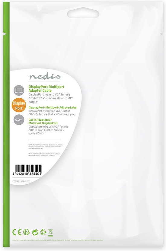 Nedis DisplayPort-Adapter - Mini-DisplayPort Male - DVI-D 24+1-Pins Female / HDMI Output / VGA Female 15p - 4K@60Hz - Verguld - Schakelbaar - 0.20 m - Rond - ABS - ABS - Wit - Polybag - afbeelding 8