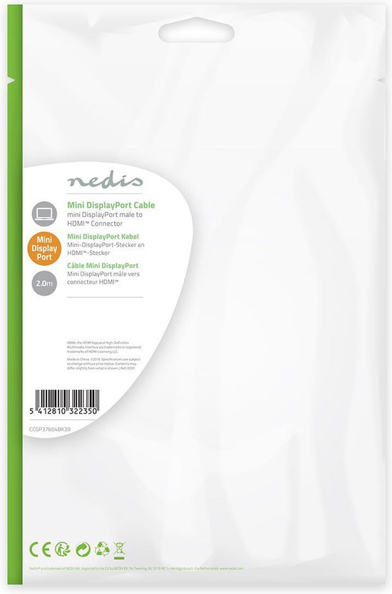Nedis Mini DisplayPort-Kabel - DisplayPort 1.4 - Mini-DisplayPort Male - HDMI Connector - 48 Gbps - Vernikkeld - 2.00 m - Rond - PVC - Zwart - Envelop - afbeelding 2