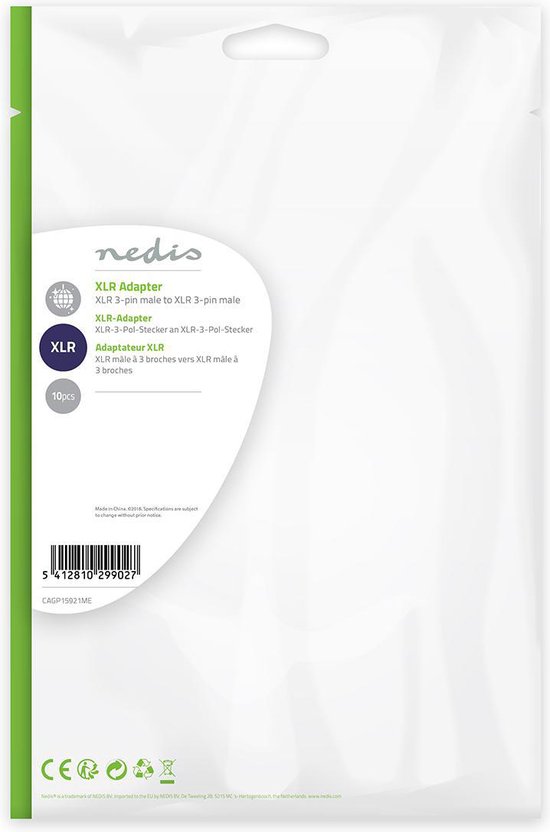 Nedis XLR-Adapter - XLR 3-Pins Male - XLR 3-Pins Male - Vernikkeld - Recht - Metaal - Zilver - 10 Stuks - Polybag - afbeelding 5