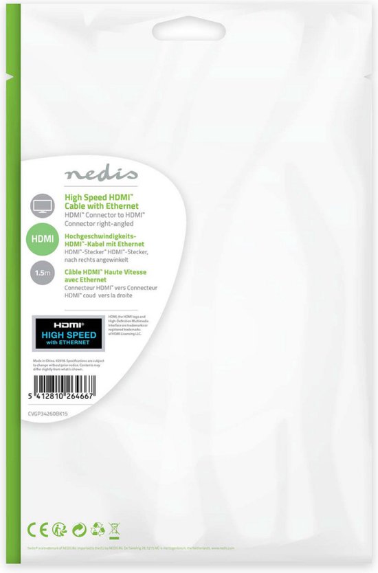 Nedis High Speed ​​HDMI-Kabel met Ethernet - Rechts Gehoekte HDMI Connector - HDMI Connector - 4K@30Hz - 10.2 Gbps - 1.50 m - Rond - PVC - Zwart - Envelop - afbeelding 5