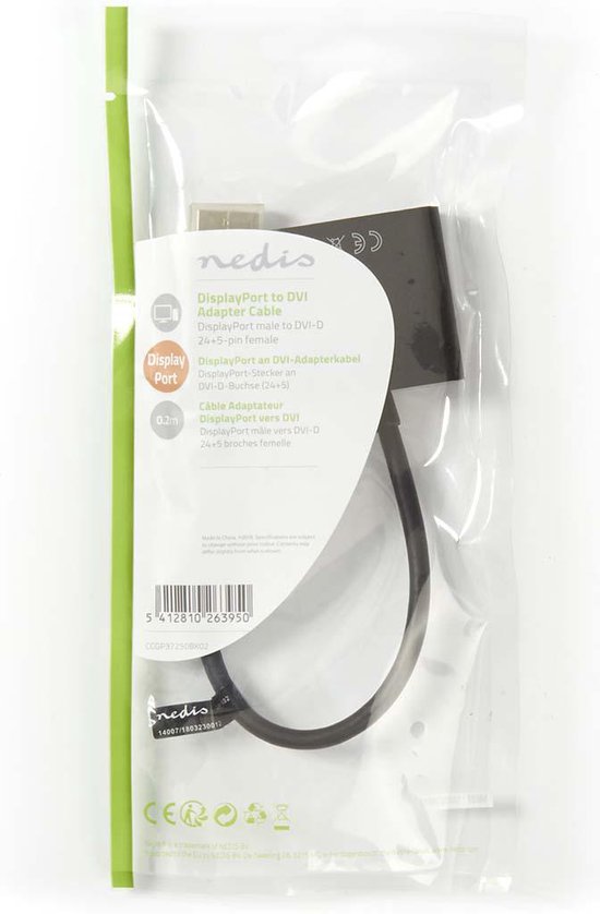 Nedis DisplayPort-Adapter - DisplayPort Male - DVI-D 24+1-Pins Female - 1080p - Vernikkeld - Recht - 0.20 m - Rond - PVC - ABS - Zwart - Envelop - afbeelding 2