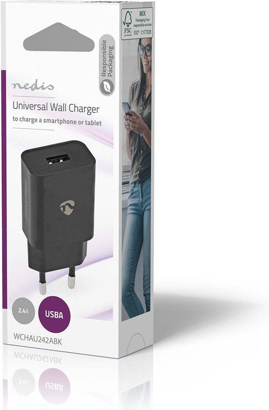 Nedis Oplader - 12 W - 1x 2.4 A - Outputs: 1 - USB-A - Geen Kabel Inbegrepen - Single Voltage Output - Zwart - afbeelding 4